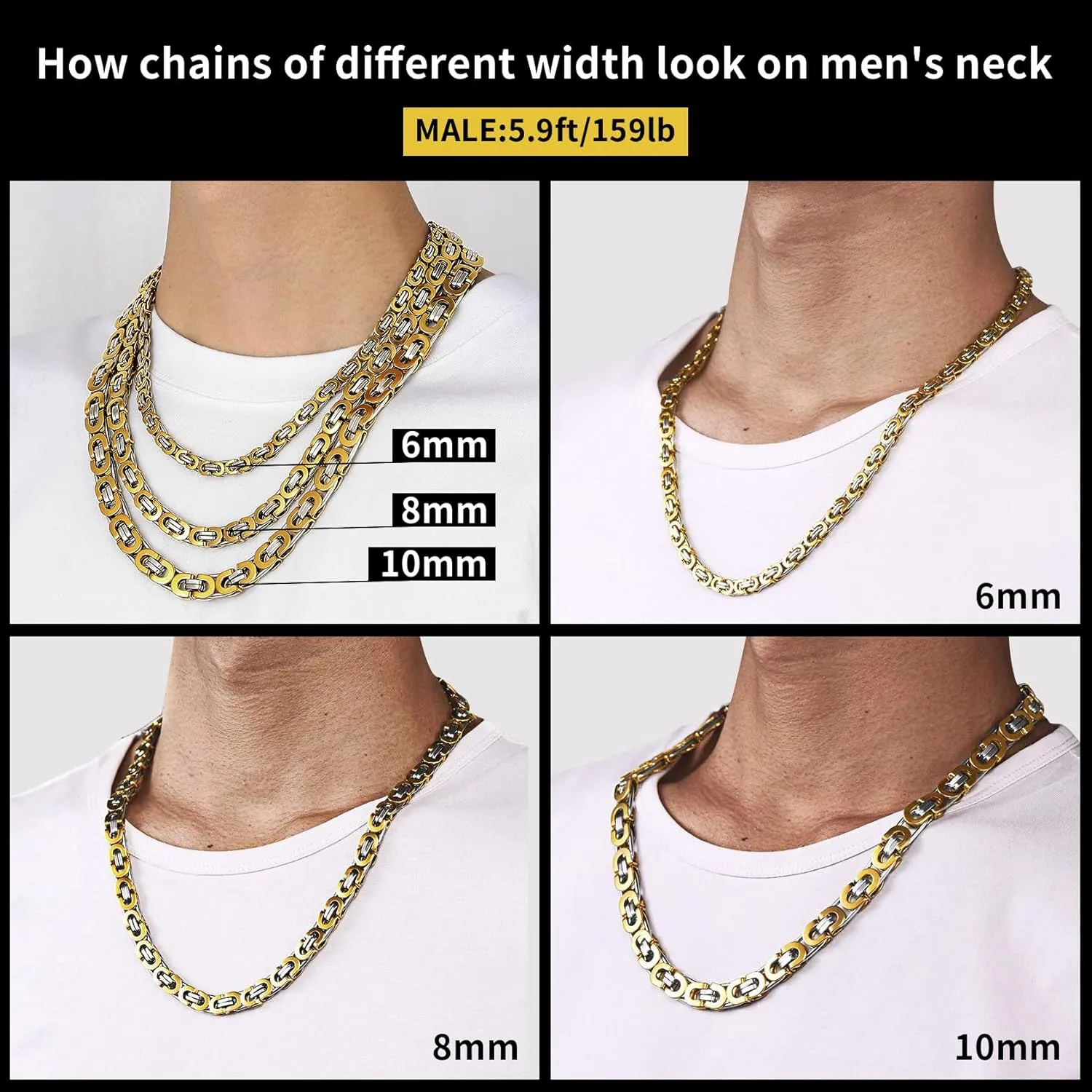 ChainsHouse Flat Byzantine Link Necklace for Men 6mm/8mm/10mm Width, 18K Gold Plated/Stainless Steel Black Byzantine Chain Necklaces, 18" 20" 22" 24" 26" 28" 30" Length, with Gift Box