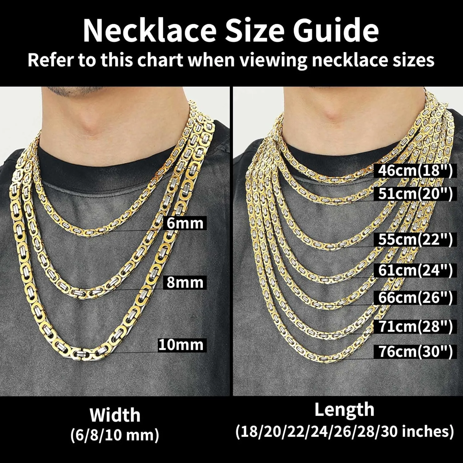 ChainsHouse Flat Byzantine Link Necklace for Men 6mm/8mm/10mm Width, 18K Gold Plated/Stainless Steel Black Byzantine Chain Necklaces, 18" 20" 22" 24" 26" 28" 30" Length, with Gift Box