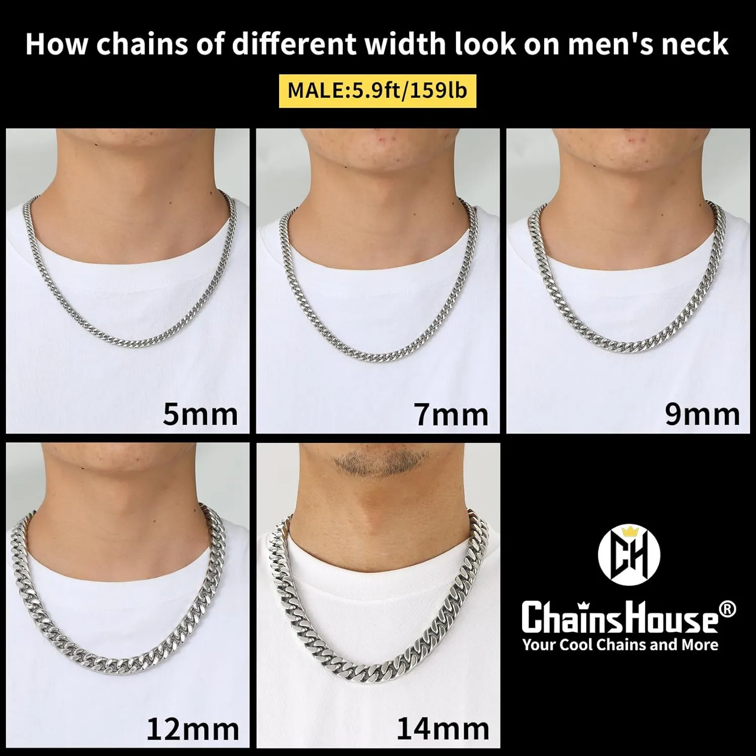 ChainsHouse Stainless Steel Mens Cuban Link Chain, Black/18K Gold Miami Cuban Chain Necklace, 5mm/7mm/9mm/12mm/14mm Width, No Tarnish& Durable Hip Hop Mens Jewelry, 18"-30", Send Gift Box