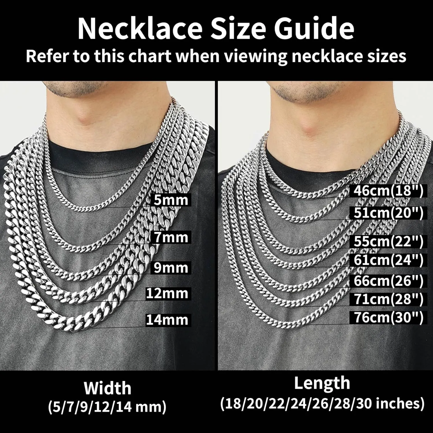 ChainsHouse Stainless Steel Mens Cuban Link Chain, Black/18K Gold Miami Cuban Chain Necklace, 5mm/7mm/9mm/12mm/14mm Width, No Tarnish& Durable Hip Hop Mens Jewelry, 18"-30", Send Gift Box