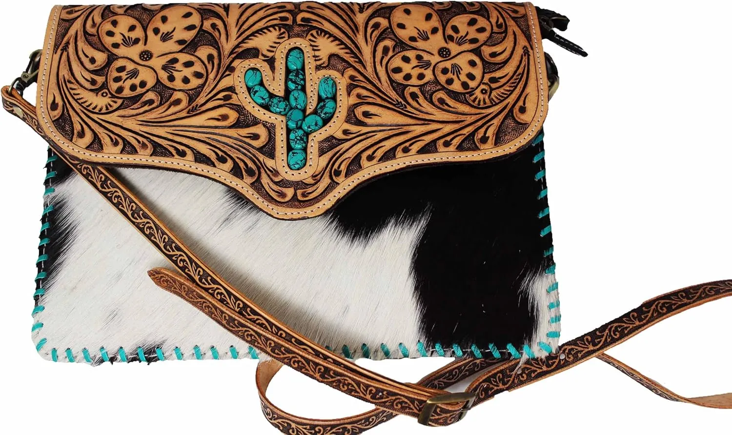 CHALLENGER Women's Cowhide Floral Tooled Leather Cactus Shoulder Crossbody Bag 18RTH19