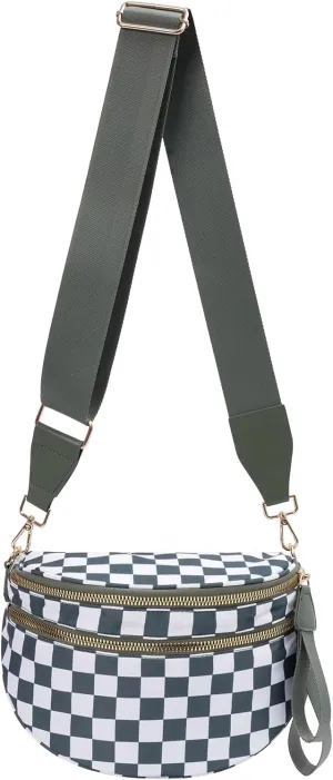 Checkered Crossbody Bags Bum Bag for Women Large Sling Bag Purse with Adjustable Strap（Bean Green Checkered）