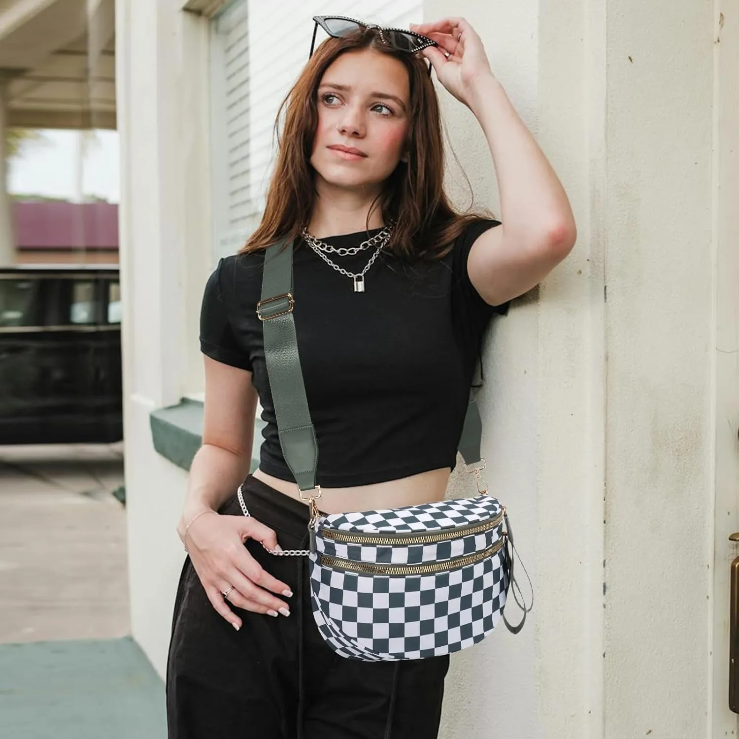 Checkered Crossbody Bags Bum Bag for Women Large Sling Bag Purse with Adjustable Strap（Bean Green Checkered）