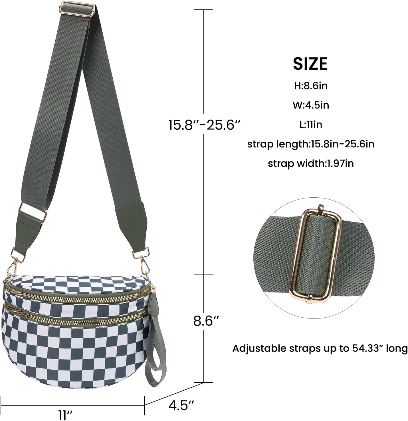 Checkered Crossbody Bags Bum Bag for Women Large Sling Bag Purse with Adjustable Strap（Bean Green Checkered）