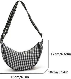 Checkered Nylon Crescent Casual Crossbody Purse for Women Lightweight Sling Bag Travel Dumpling Shoulder Bag with Adj