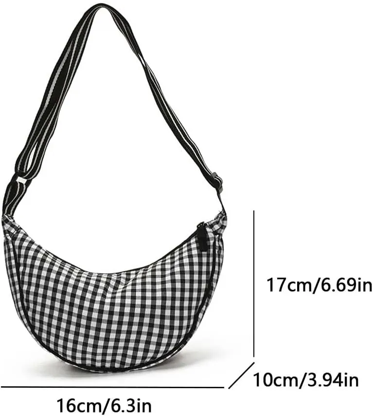 Checkered Nylon Crescent Casual Crossbody Purse for Women Lightweight Sling Bag Travel Dumpling Shoulder Bag with Adj
