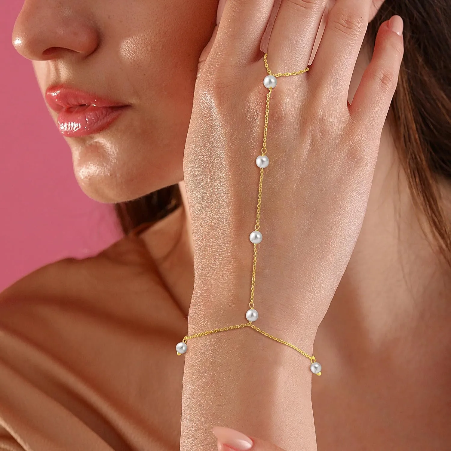 CHESKY Gold Hand Chain Bracelet for Women Trendy, Dainty 14k Gold Plated Ring Bracelets Hand Chain Hypoallergenic Finger Nail Bracelet Simple Gold Hand Jewelry for Women