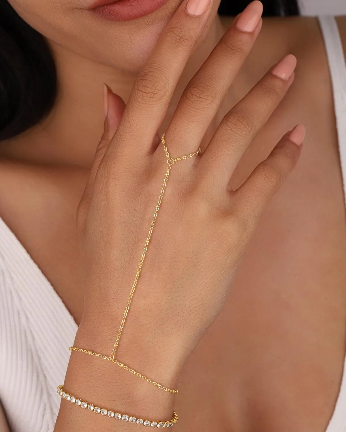 CHESKY Hand Chain Bracelet for Women Trendy, Dainty 14k Gold Plated Ring Bracelets Hand Chain Hypoallergenic Finger Nail Bracelet Gold Hand Jewelry for Women