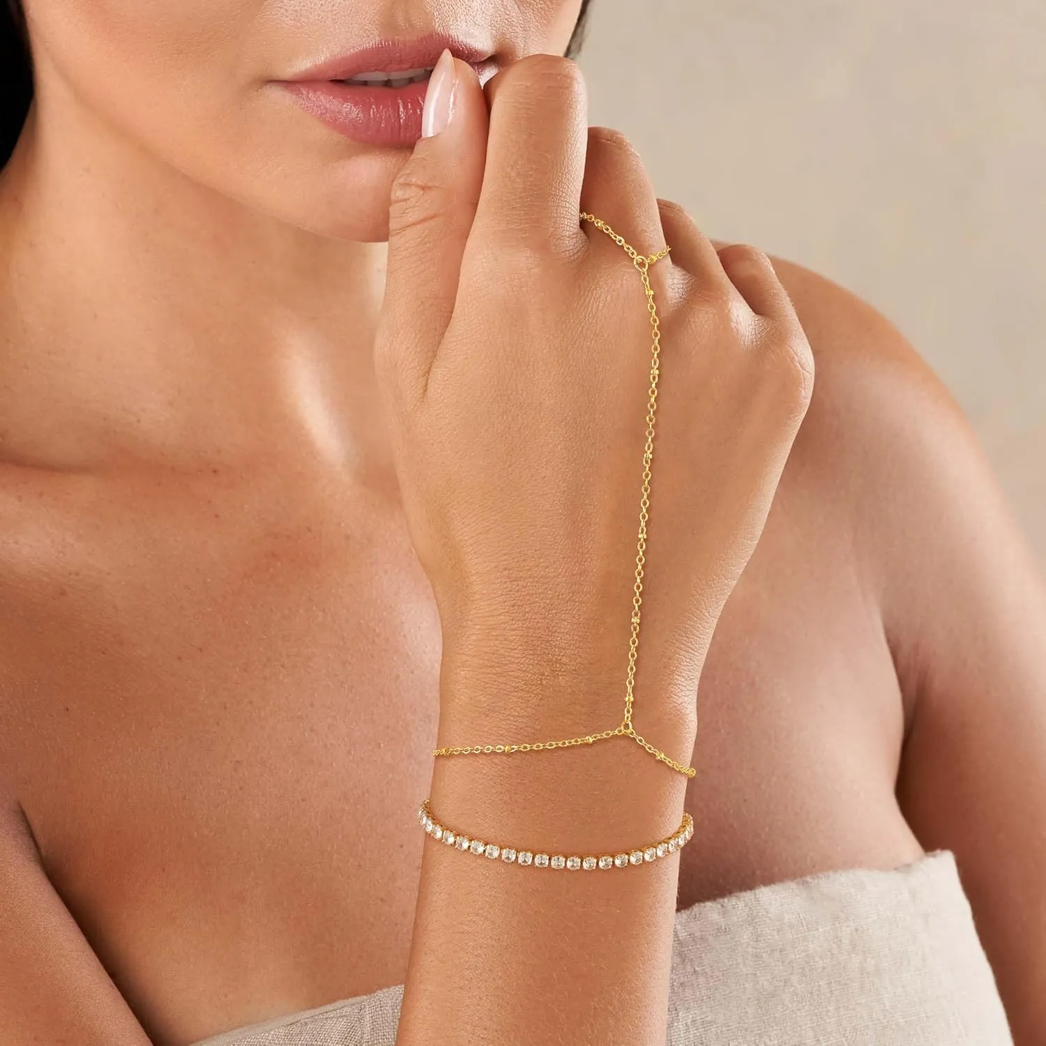CHESKY Hand Chain Bracelet for Women Trendy, Dainty 14k Gold Plated Ring Bracelets Hand Chain Hypoallergenic Finger Nail Bracelet Gold Hand Jewelry for Women