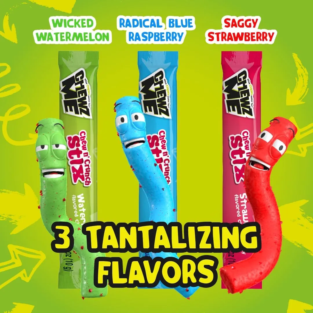 ChewzMe Chew N' Crunch Stix -Tangy Chewy Candy Straws Coated w/Crunchy Pieces - Individually Wrapped,Assorted Flavors, 10.6 Ounce (Pack of 4)
