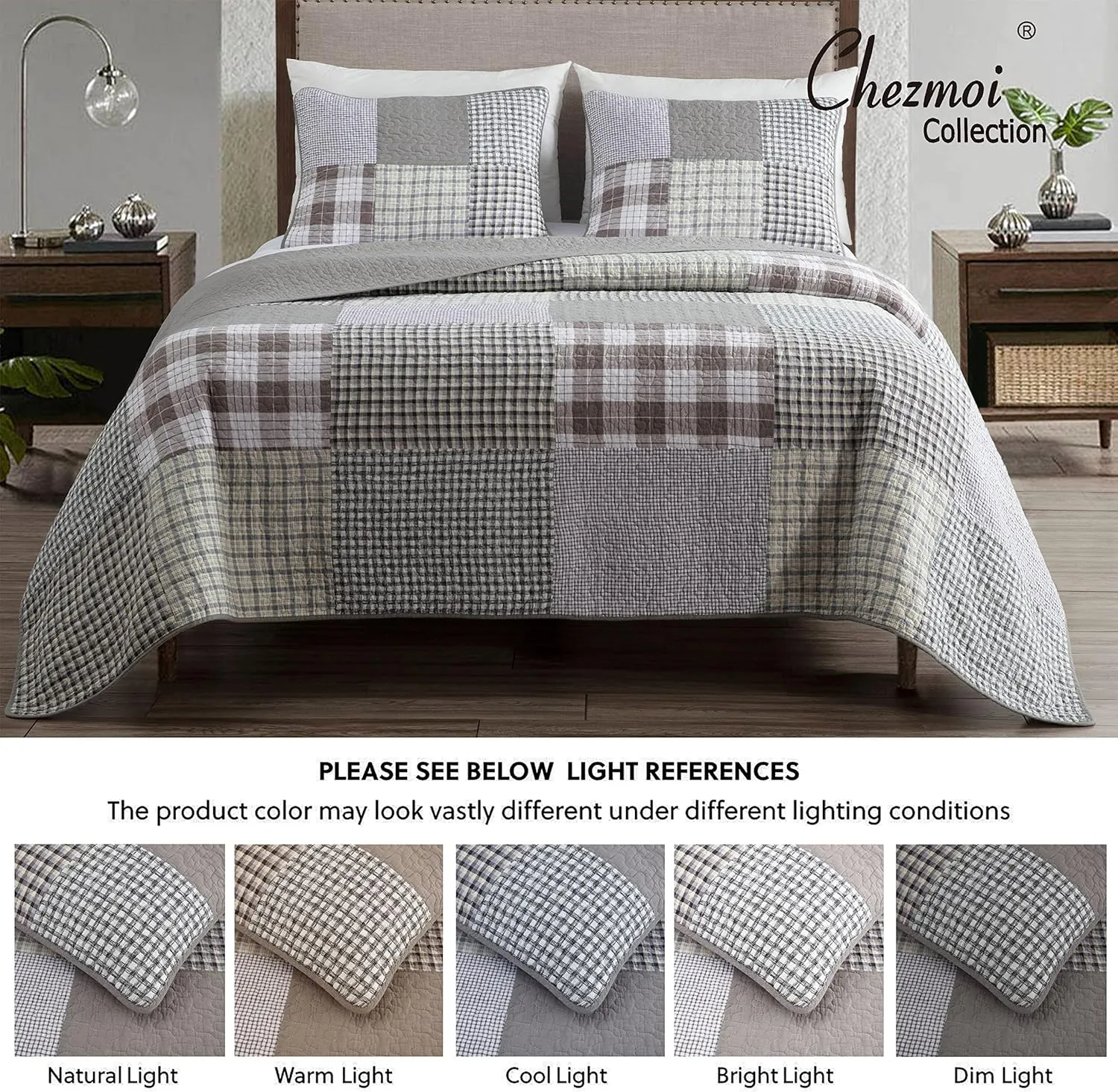 Chezmoi Collection Adrian 3-Piece Plaid Windowpane Checkered Patchwork Quilt Set - Soft Lightweight 100% Washed Cotton Bedspread for All Season, King Size