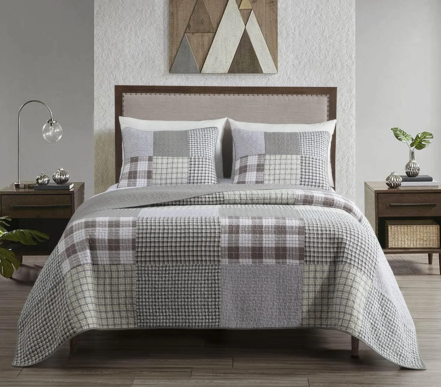 Chezmoi Collection Adrian 3-Piece Plaid Windowpane Checkered Patchwork Quilt Set - Soft Lightweight 100% Washed Cotton Bedspread for All Season, King Size