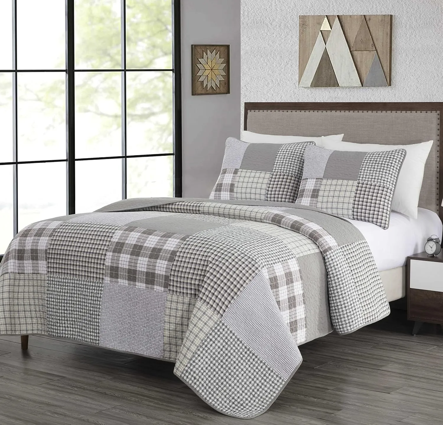 Chezmoi Collection Adrian 3-Piece Plaid Windowpane Checkered Patchwork Quilt Set - Soft Lightweight 100% Washed Cotton Bedspread for All Season, King Size
