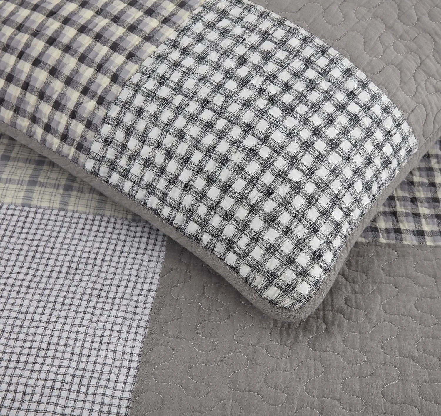Chezmoi Collection Adrian 3-Piece Plaid Windowpane Checkered Patchwork Quilt Set - Soft Lightweight 100% Washed Cotton Bedspread for All Season, King Size