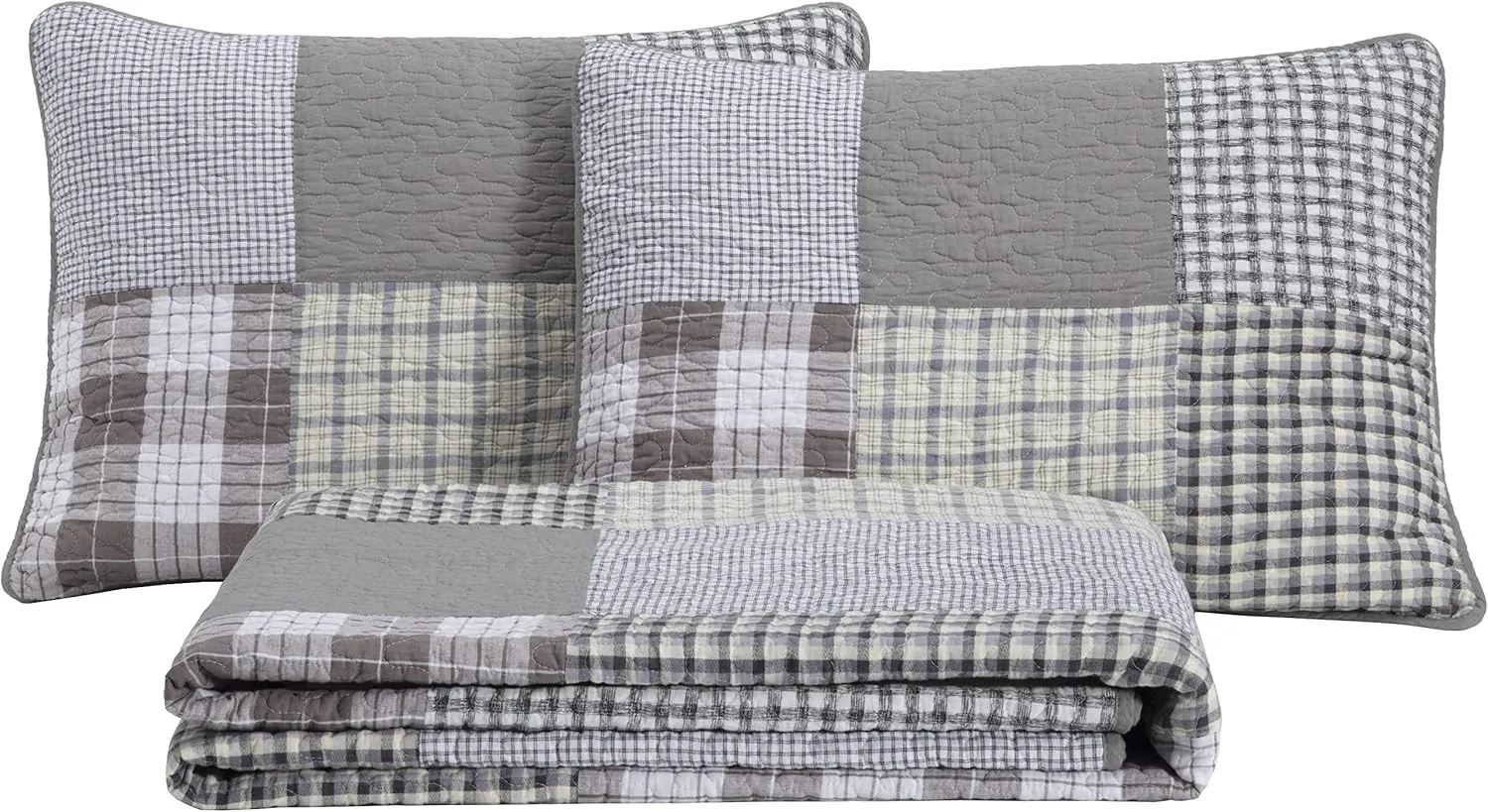 Chezmoi Collection Adrian 3-Piece Plaid Windowpane Checkered Patchwork Quilt Set - Soft Lightweight 100% Washed Cotton Bedspread for All Season, King Size
