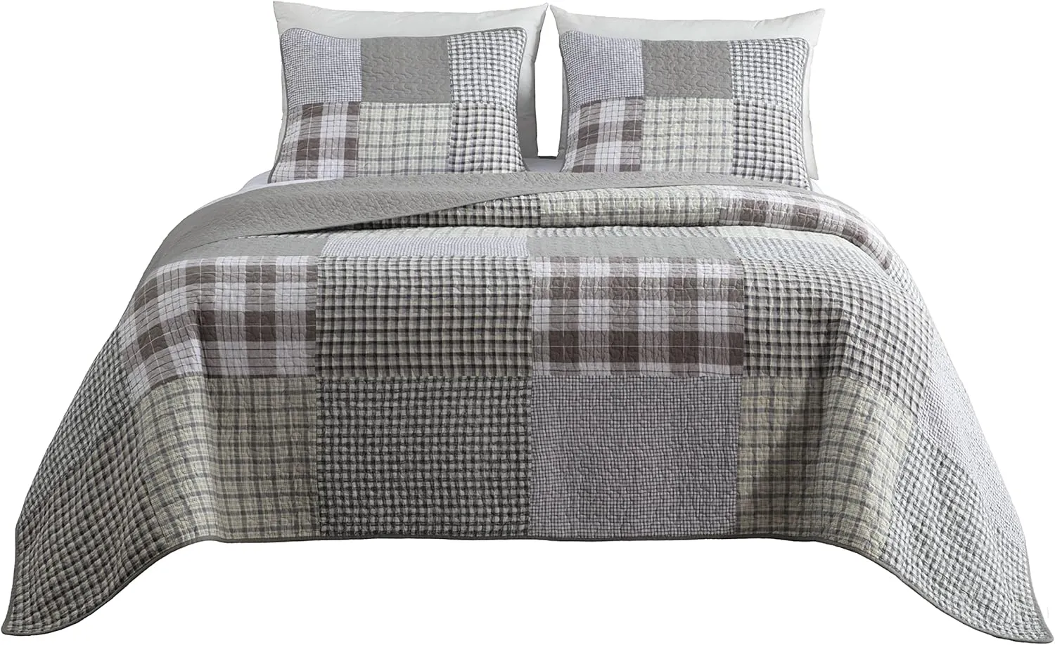 Chezmoi Collection Adrian 3-Piece Plaid Windowpane Checkered Patchwork Quilt Set - Soft Lightweight 100% Washed Cotton Bedspread for All Season, King Size