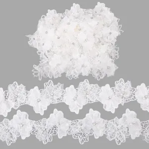 CHGCRAFT 4 Yards 3D Pearl Beads Flower Lace Trim Embroidered Sewing Flower Trim Floral Appliques with Rhinestone for Handmade DIY Supplies Garment Accessories Curtain Decoration, White