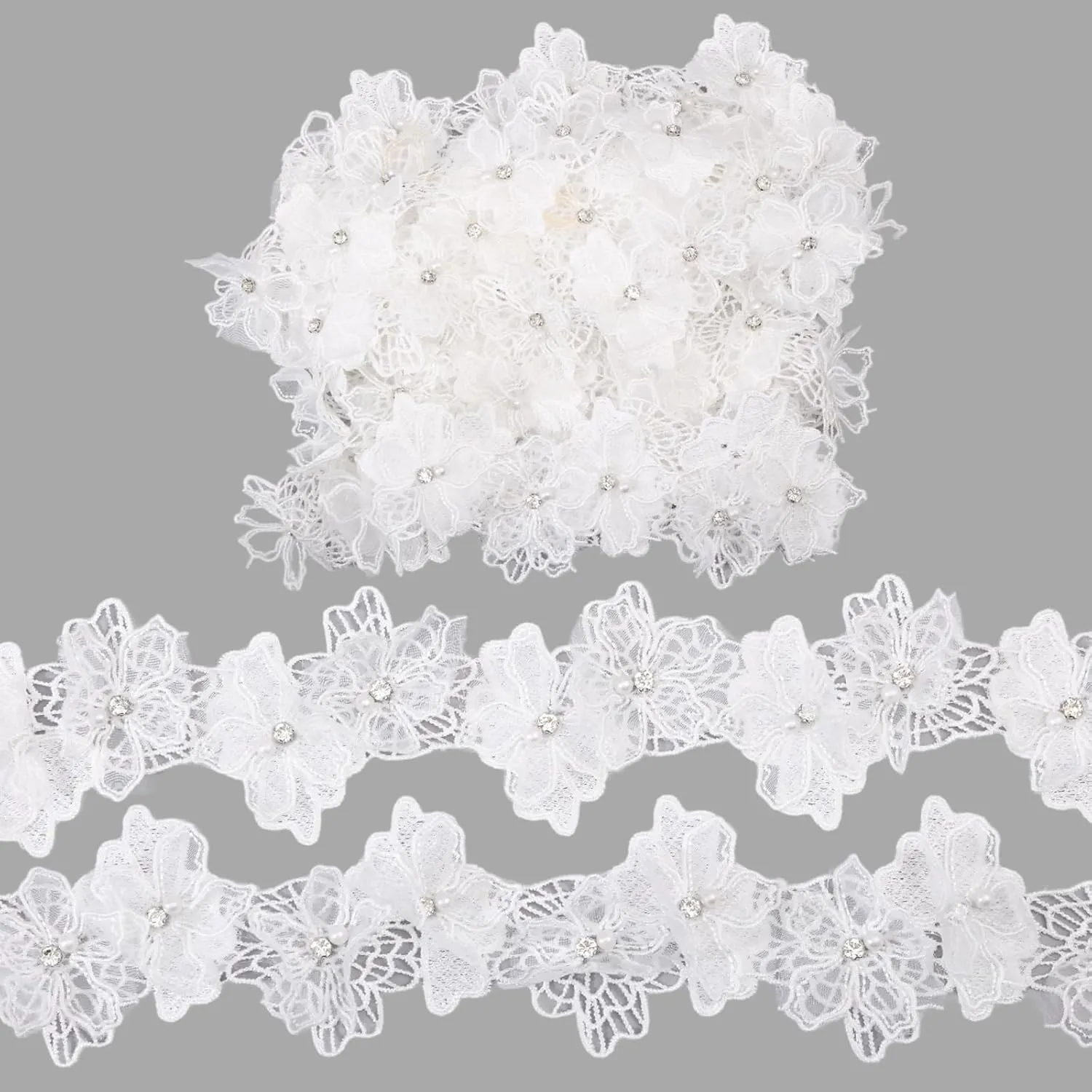 CHGCRAFT 4 Yards 3D Pearl Beads Flower Lace Trim Embroidered Sewing Flower Trim Floral Appliques with Rhinestone for Handmade DIY Supplies Garment Accessories Curtain Decoration, White