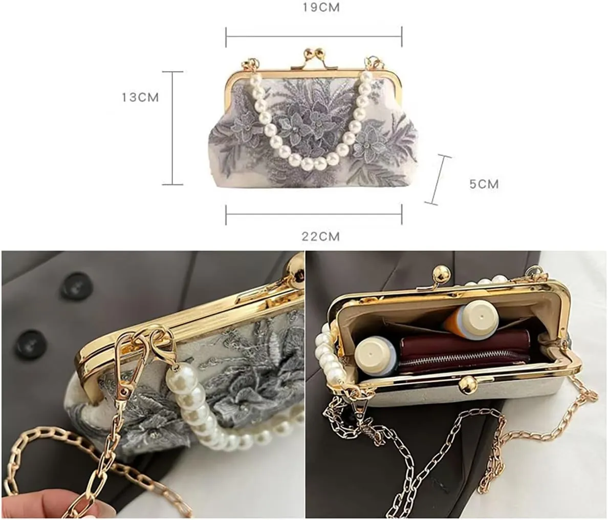 Chinese women's pearl retro handbag, embroidered chain diagonal handbag, wallet cross bag, banquet and wedding