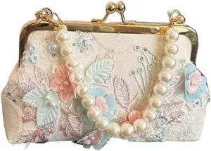 Chinese women's pearl retro handbag, embroidered chain diagonal handbag, wallet cross bag, banquet and wedding