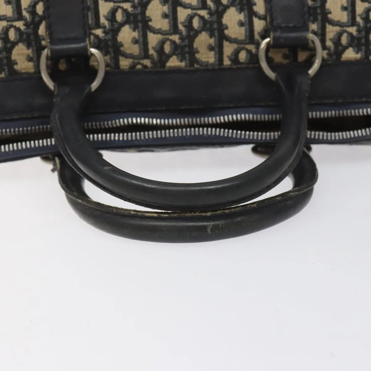 Christian Dior Trotter Canvas Boston Bag Navy Silver Auth 112332