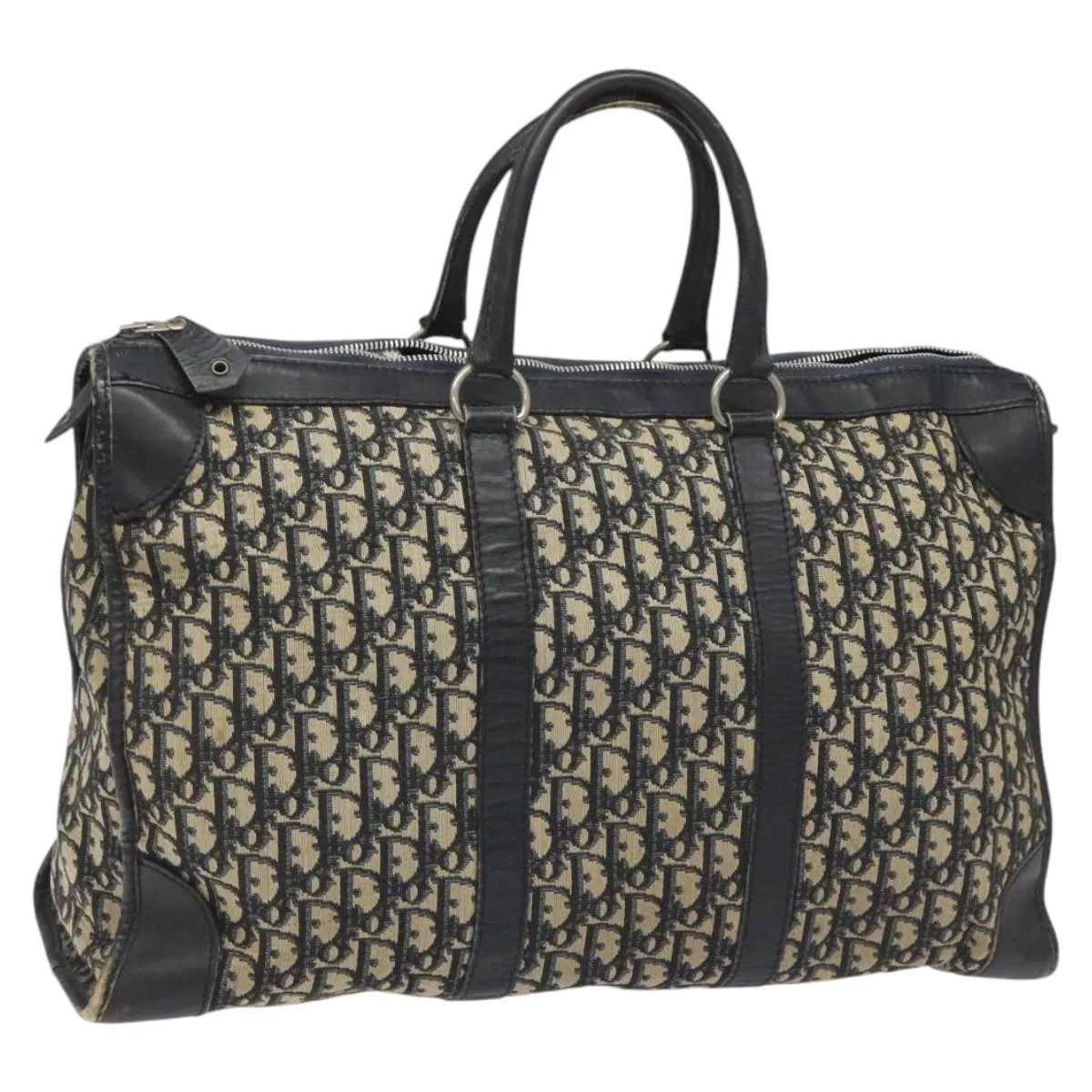 Christian Dior Trotter Canvas Boston Bag Navy Silver Auth 112332