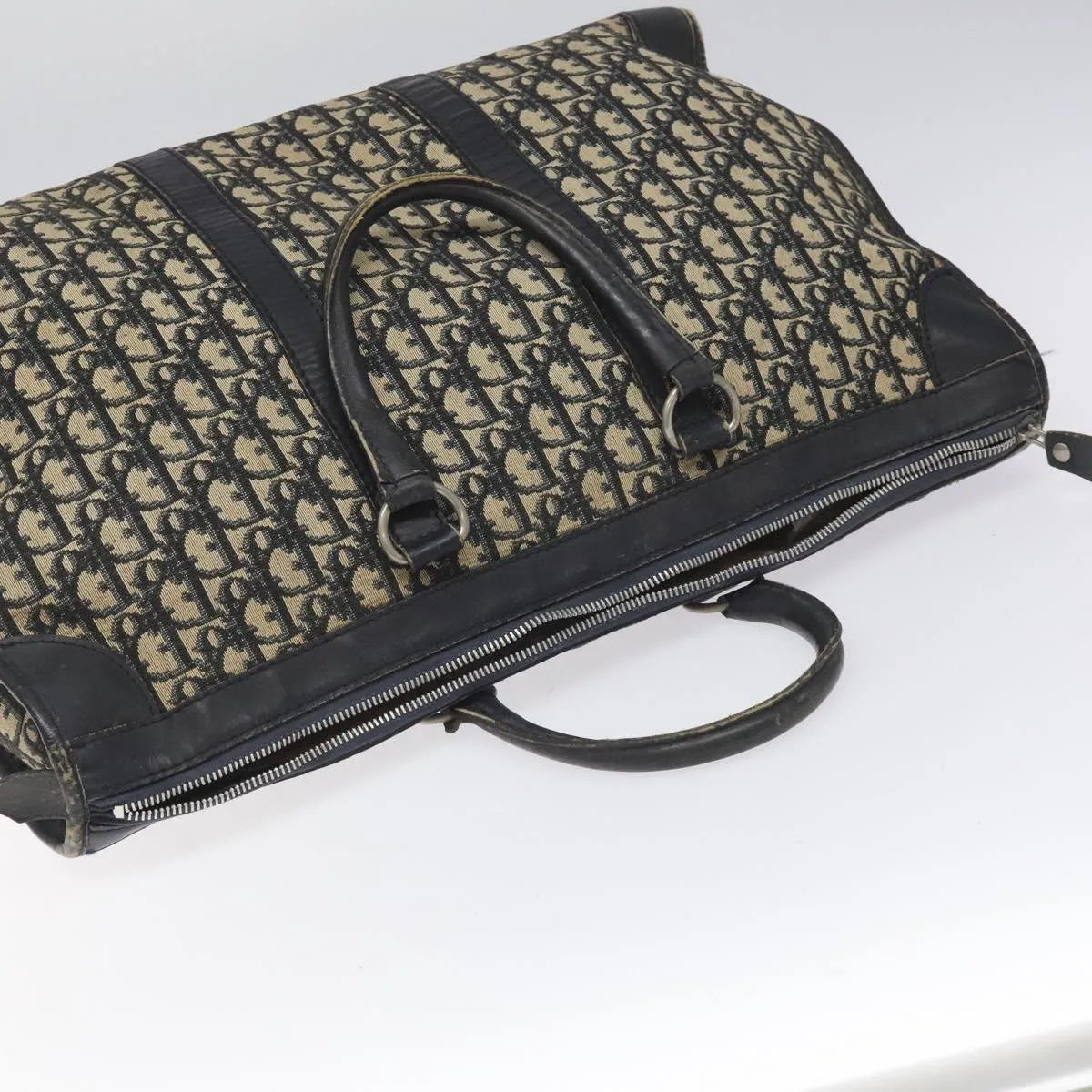 Christian Dior Trotter Canvas Boston Bag Navy Silver Auth 112332