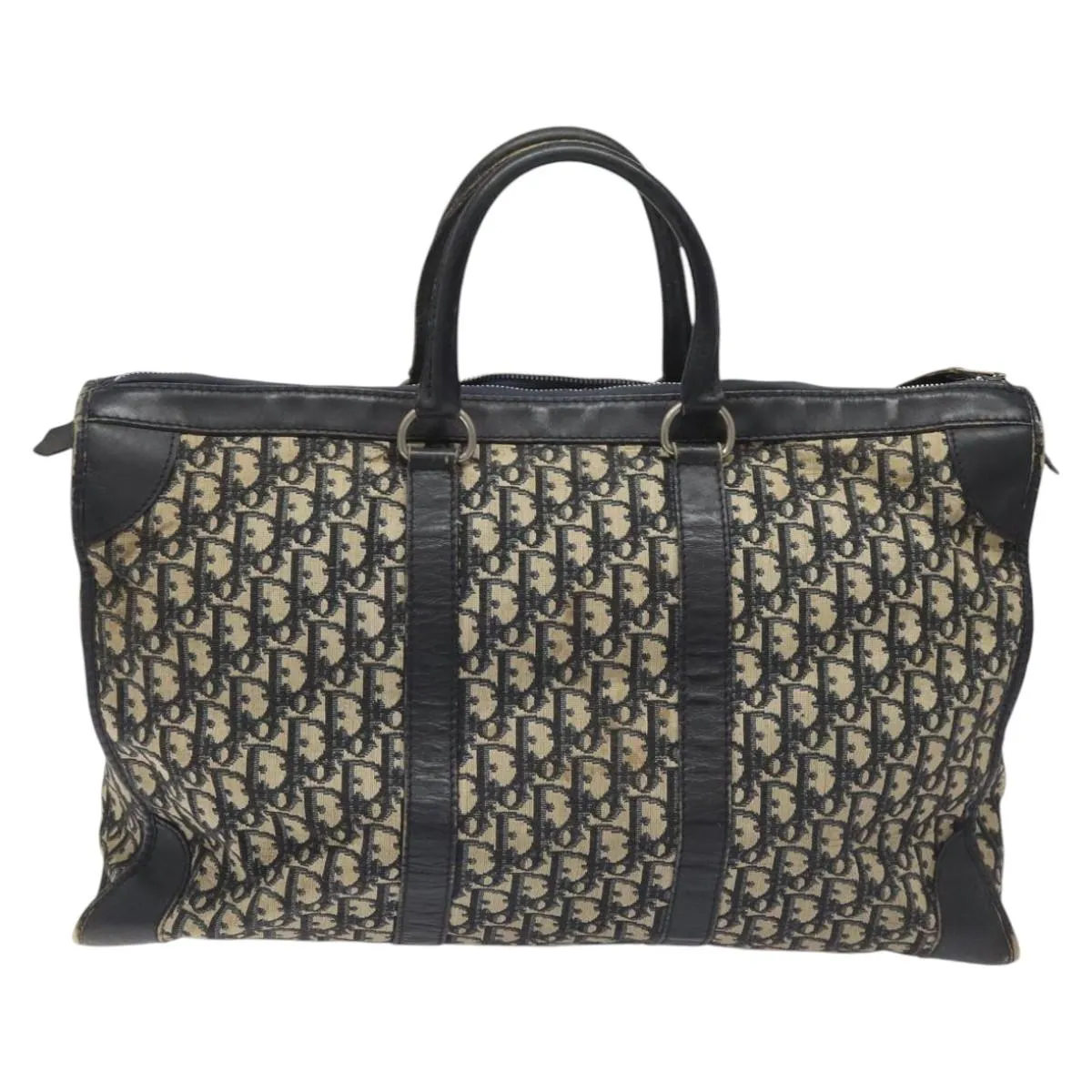 Christian Dior Trotter Canvas Boston Bag Navy Silver Auth 112332