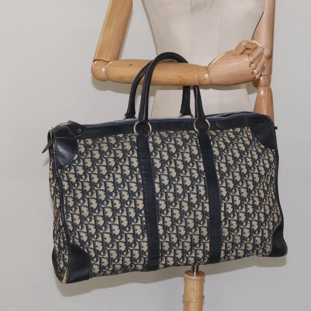 Christian Dior Trotter Canvas Boston Bag Navy Silver Auth 112332