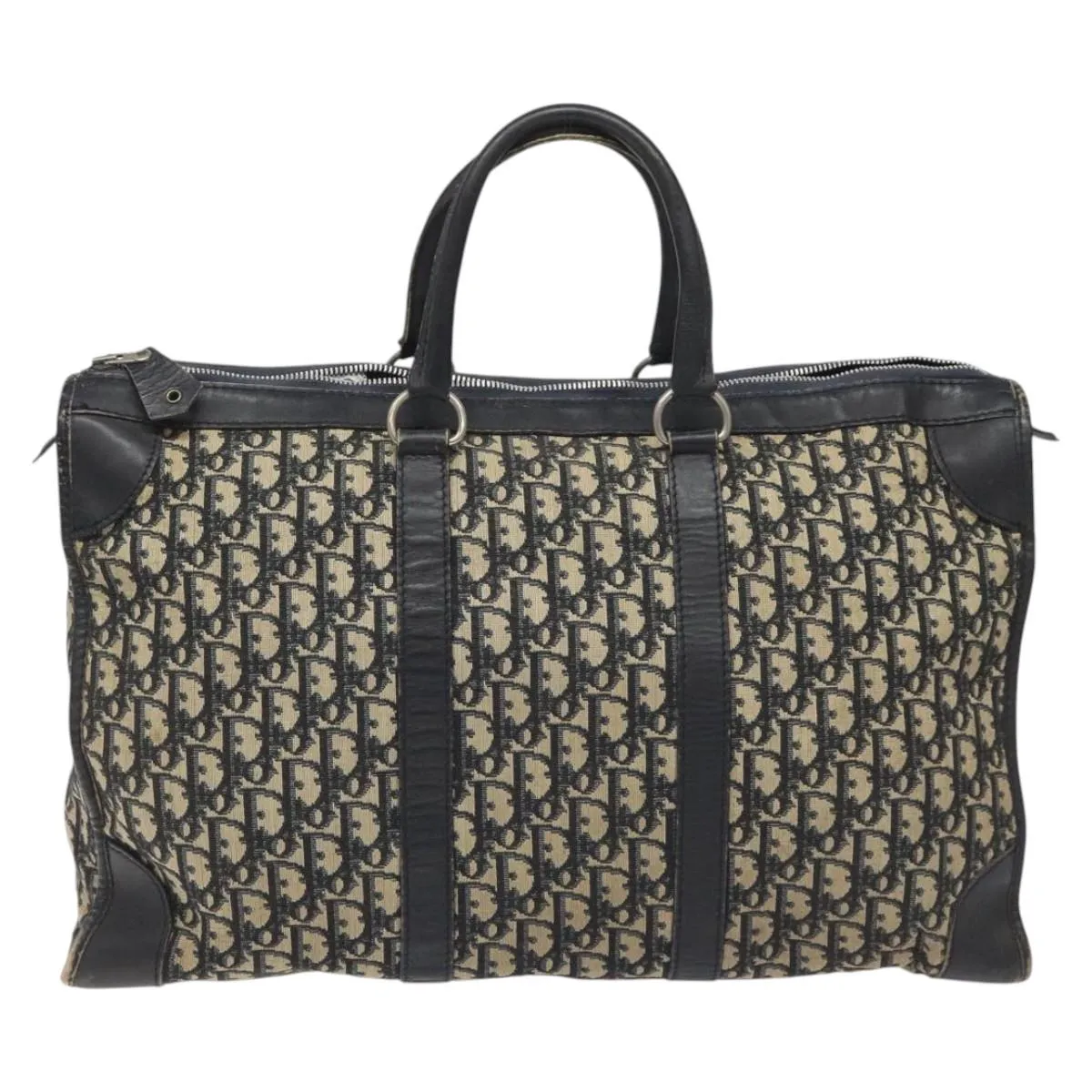 Christian Dior Trotter Canvas Boston Bag Navy Silver Auth 112332