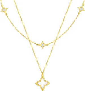 Cicy Bell Womens Four Point Star Necklace Sets Double Layer Chain 18k Gold Plated Cubic Zirconia Mother of Pearl Lucky Pendant Necklace