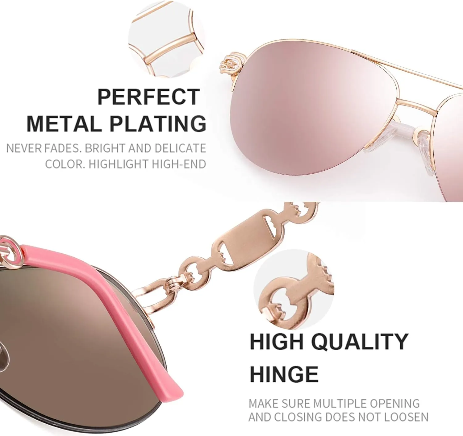 Classic Aviator Sunglasses for Women Mirrored Lens Chain Arms Half Rim Metal Frame Sun Glasses UV 400 Protection 60mm