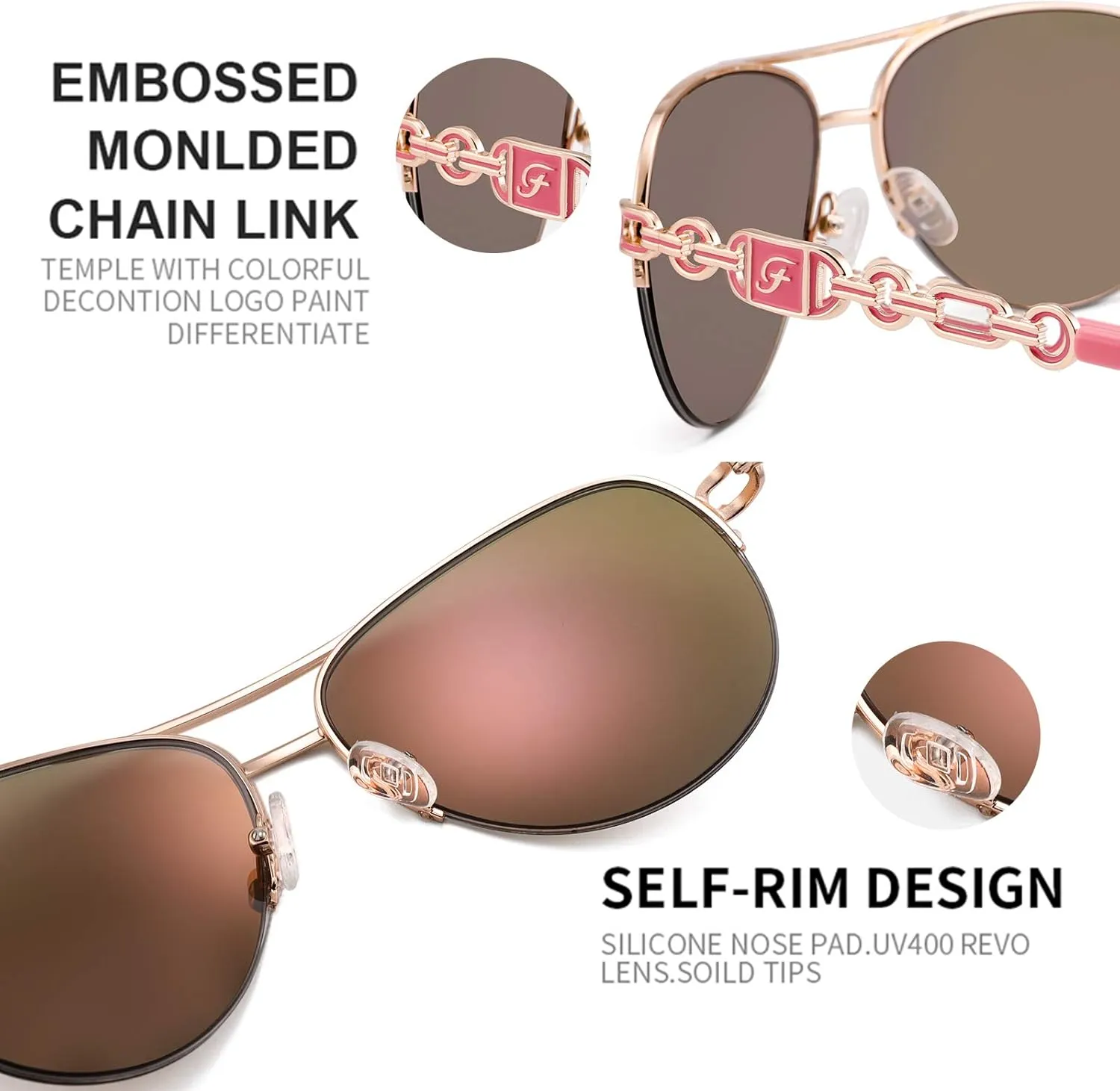 Classic Aviator Sunglasses for Women Mirrored Lens Chain Arms Half Rim Metal Frame Sun Glasses UV 400 Protection 60mm
