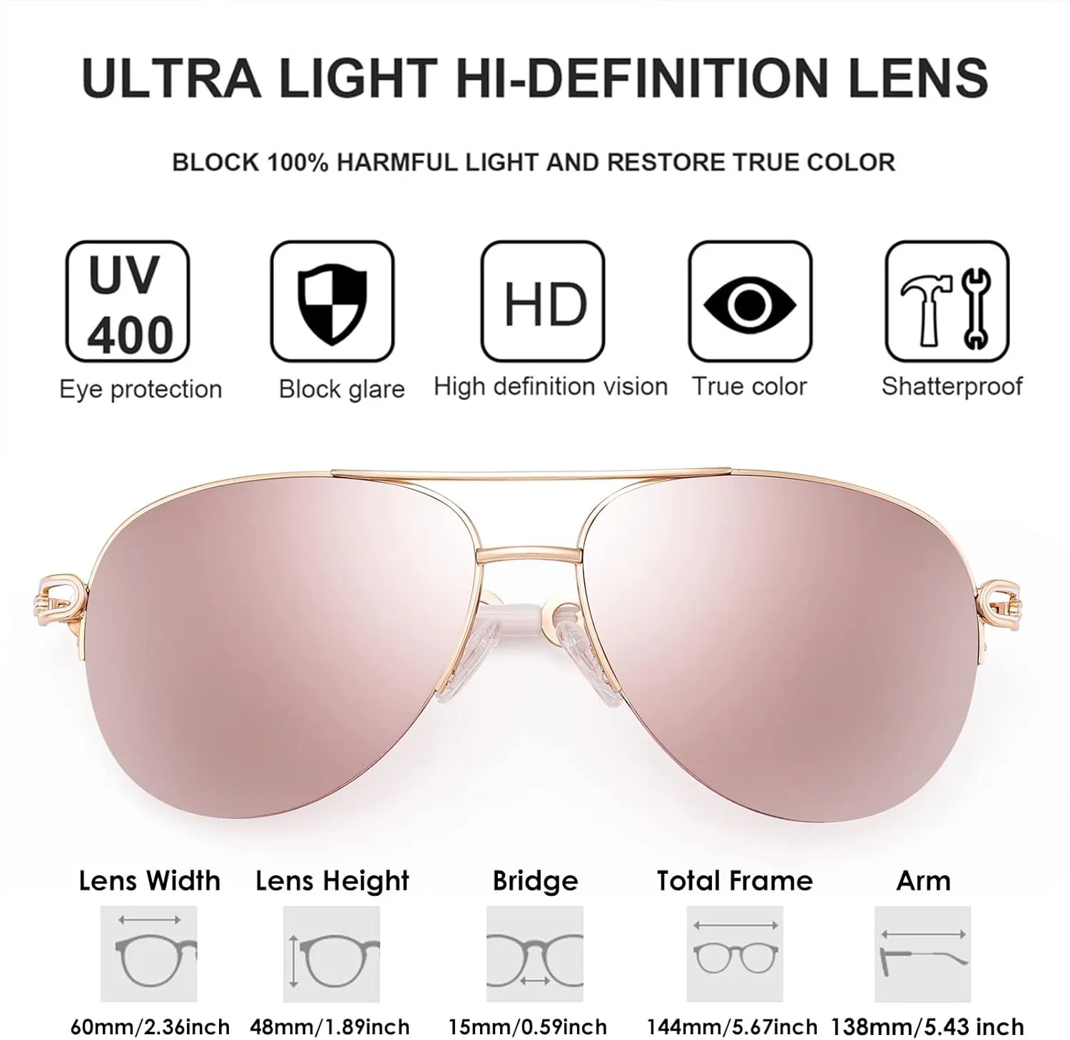 Classic Aviator Sunglasses for Women Mirrored Lens Chain Arms Half Rim Metal Frame Sun Glasses UV 400 Protection 60mm