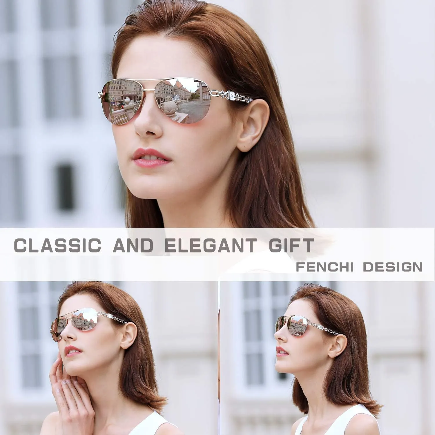 Classic Aviator Sunglasses for Women Mirrored Lens Chain Arms Half Rim Metal Frame Sun Glasses UV 400 Protection 60mm