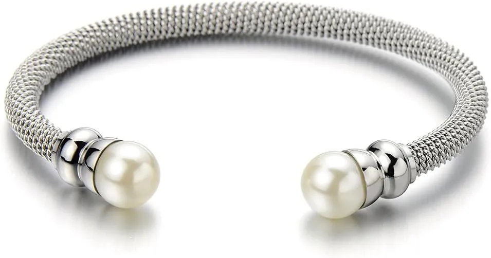 Classic Ladies Stainless Steel Bangle Bracelet with Synthetic White Pearl