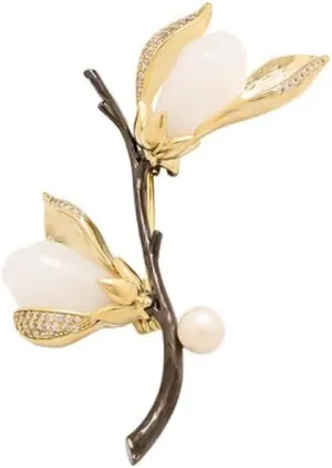Classical Magnolia Pearl Brooch High-End Pin Brooch Buckle, Yellow