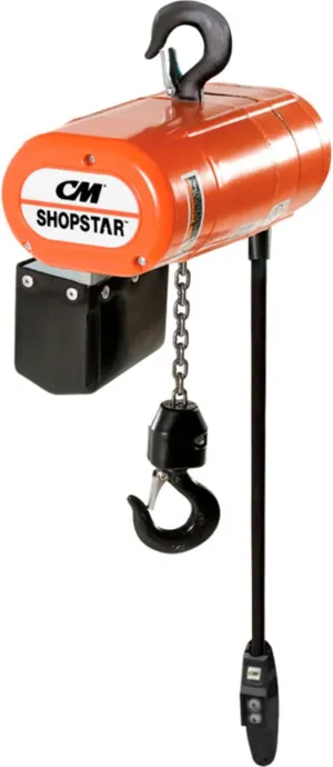 CM ShopStar Electric Chain Hoist, Single Phase, Hook Mount, 1/2 Ton Capacity, 10' Lift, 6 fpm Max Lift Speed, 0.167 HP, 7/8" Hook Opening, 115V