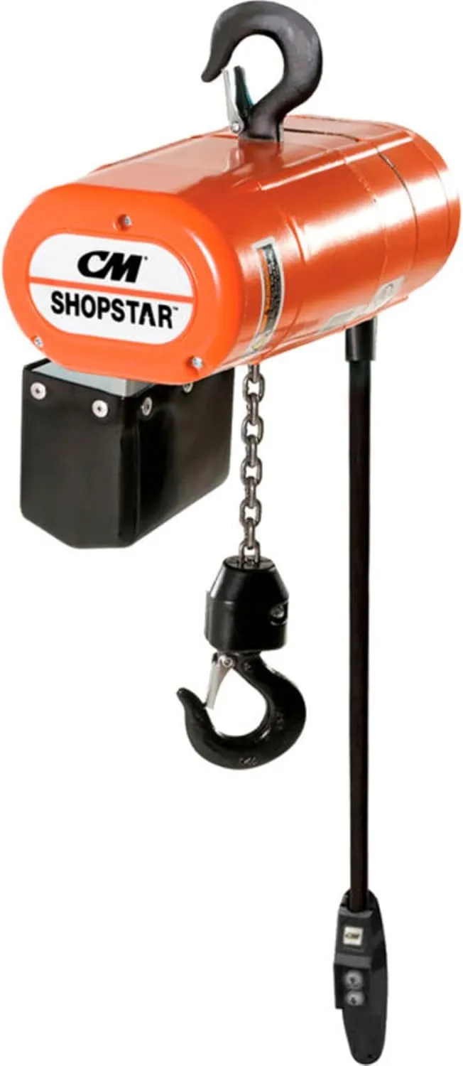CM ShopStar Electric Chain Hoist, Single Phase, Hook Mount, 1/2 Ton Capacity, 10' Lift, 6 fpm Max Lift Speed, 0.167 HP, 7/8" Hook Opening, 115V