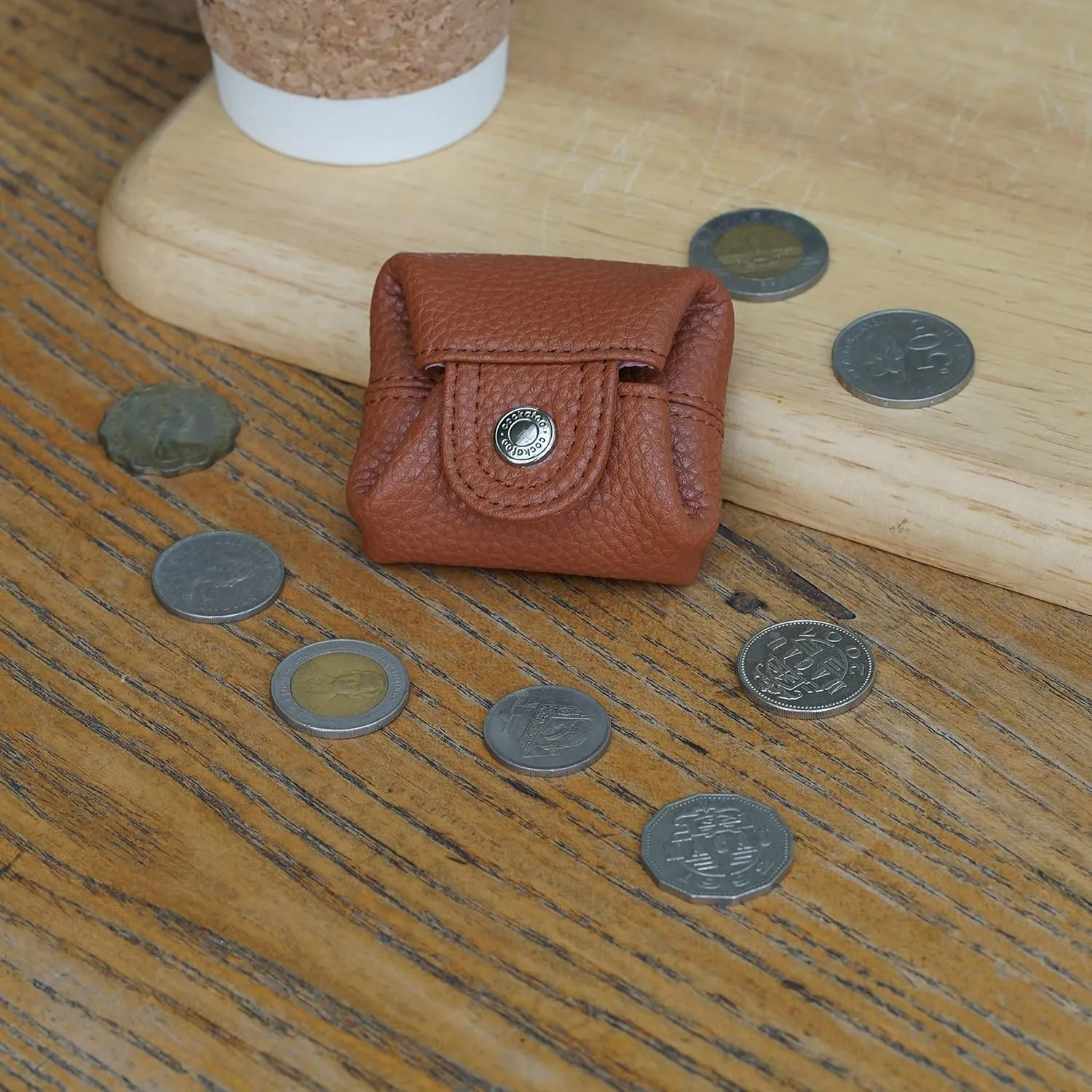 Cockatoo Genuine Leather Coin Pouch Change Holder, Mini Snap Pocket Wallet for Men Women (Brown, Small)