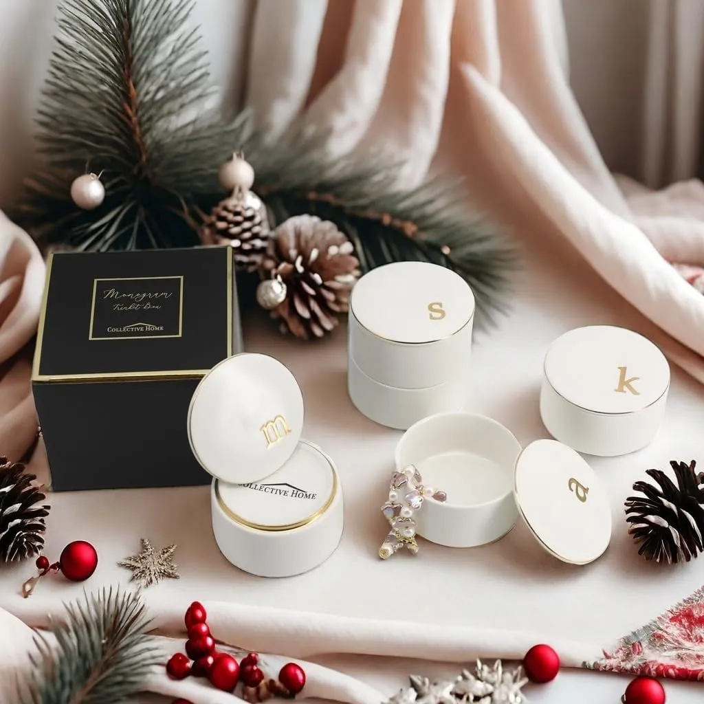 COLLECTIVE HOME - Ceramic Jewelry Box, Elegant Embossed Jewelry Holder, Trinket Organizer with Gold Monogram Lid, Storage for Ring Necklace Bracelet Earrings, Rings and Accessories (m)