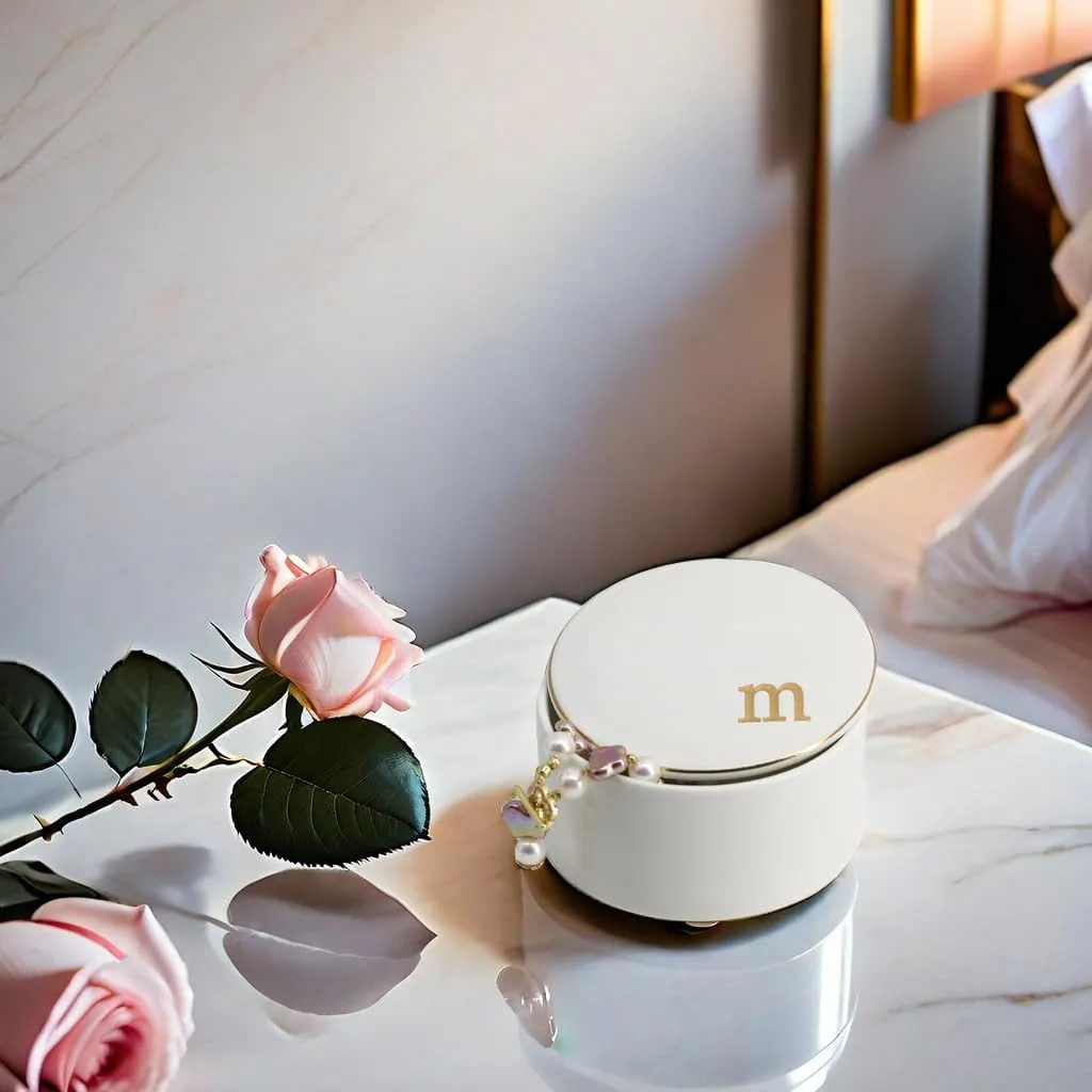 COLLECTIVE HOME - Ceramic Jewelry Box, Elegant Embossed Jewelry Holder, Trinket Organizer with Gold Monogram Lid, Storage for Ring Necklace Bracelet Earrings, Rings and Accessories (m)