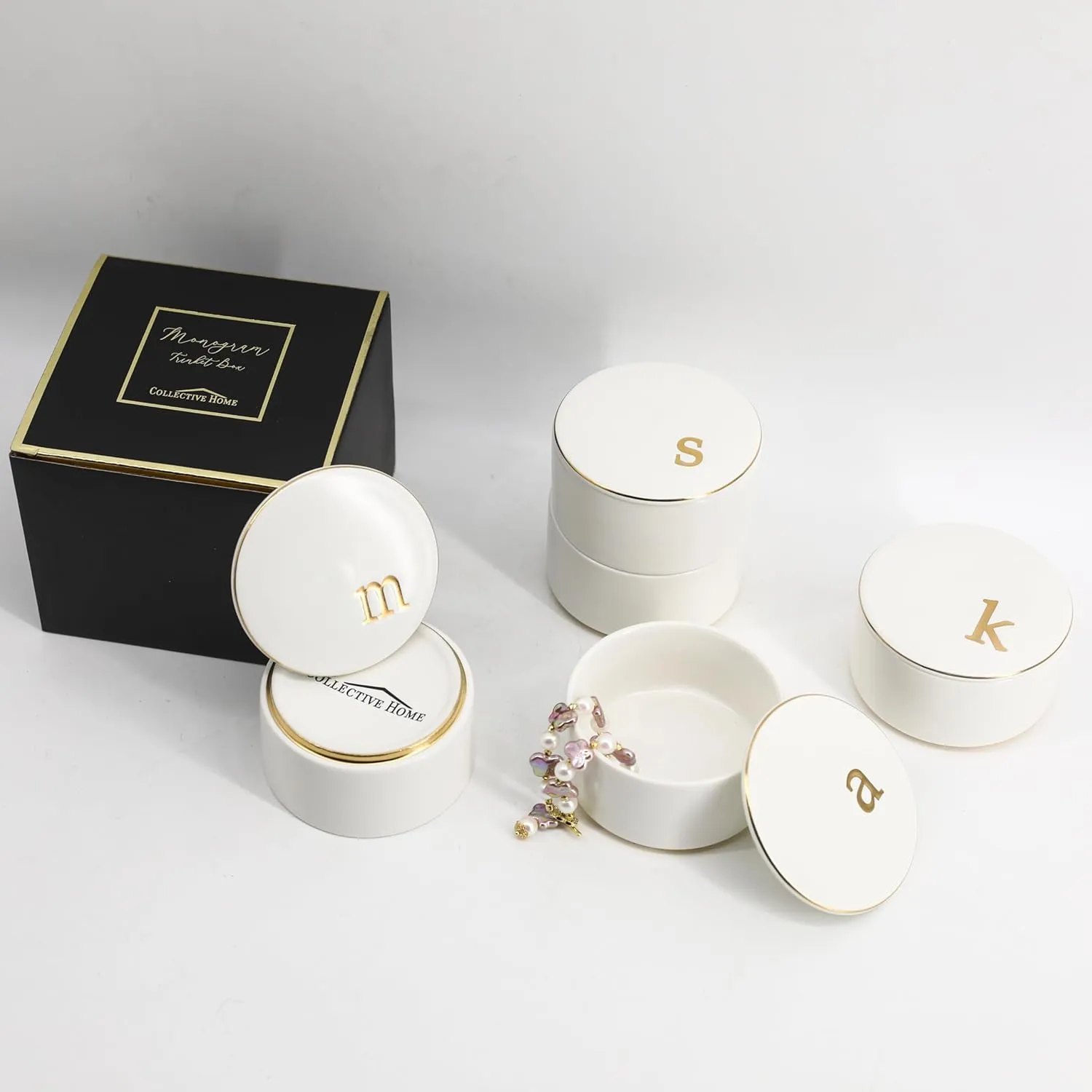COLLECTIVE HOME - Ceramic Jewelry Box, Elegant Embossed Jewelry Holder, Trinket Organizer with Gold Monogram Lid, Storage for Ring Necklace Bracelet Earrings, Rings and Accessories (m)