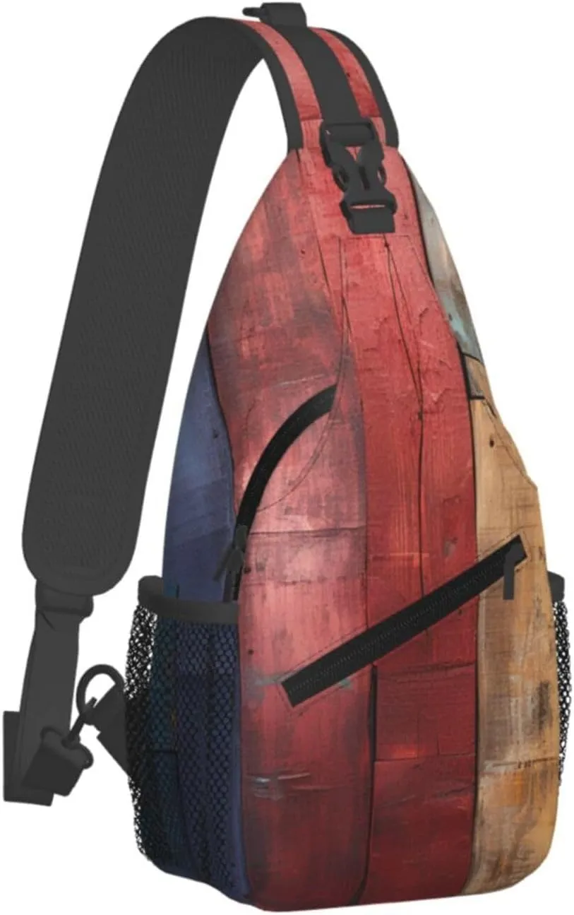 Colorful Wooden Board Sling Bag Backpack For Men Cross Chest Bag Crossbody Shoulder Bag Travel Hiking Daypack