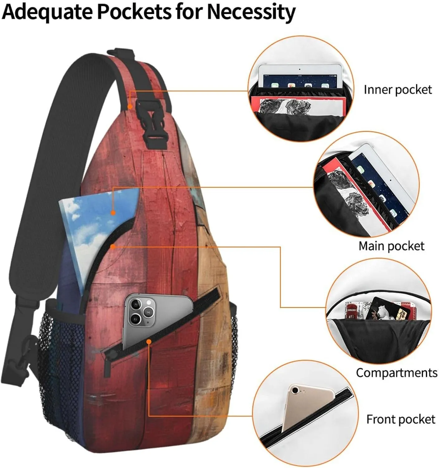 Colorful Wooden Board Sling Bag Backpack For Men Cross Chest Bag Crossbody Shoulder Bag Travel Hiking Daypack