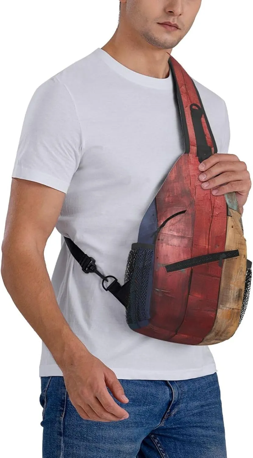 Colorful Wooden Board Sling Bag Backpack For Men Cross Chest Bag Crossbody Shoulder Bag Travel Hiking Daypack
