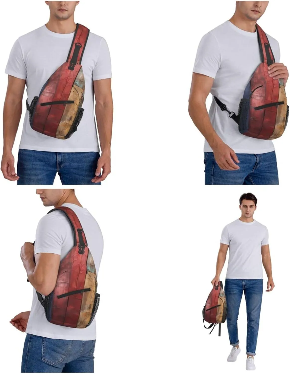 Colorful Wooden Board Sling Bag Backpack For Men Cross Chest Bag Crossbody Shoulder Bag Travel Hiking Daypack