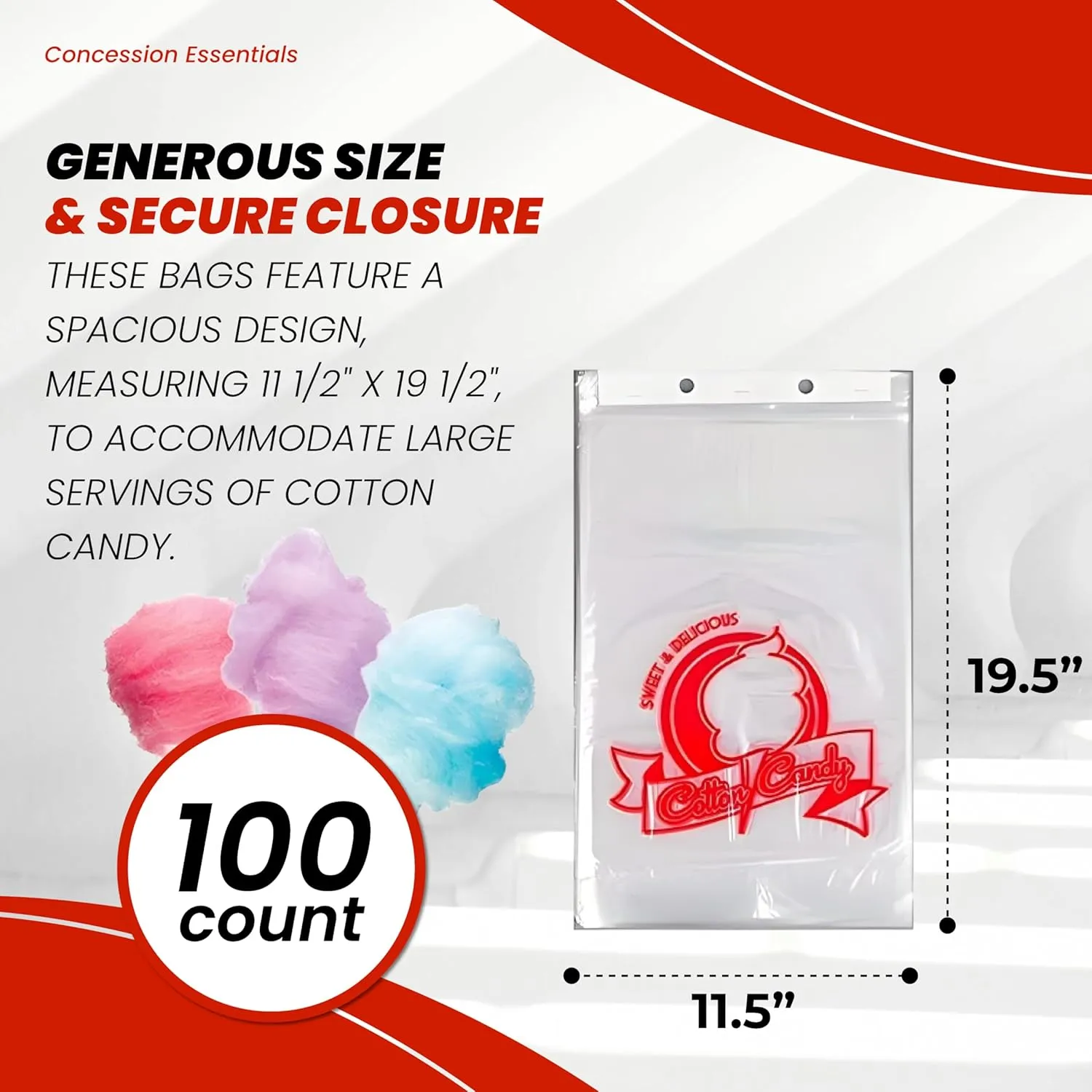 Concession Essentials Cotton Candy Bags-100 Cotton Candy Bags with Twist Ties, 0.5" Height, 18" Width, 12" Length (Pack of 100)