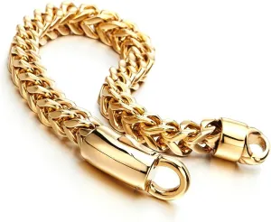 COOLSTEELANDBEYOND 8mm Mens Stainless Steel Gold Color Square Franco Chain Curb Chain Bracelet, Polished