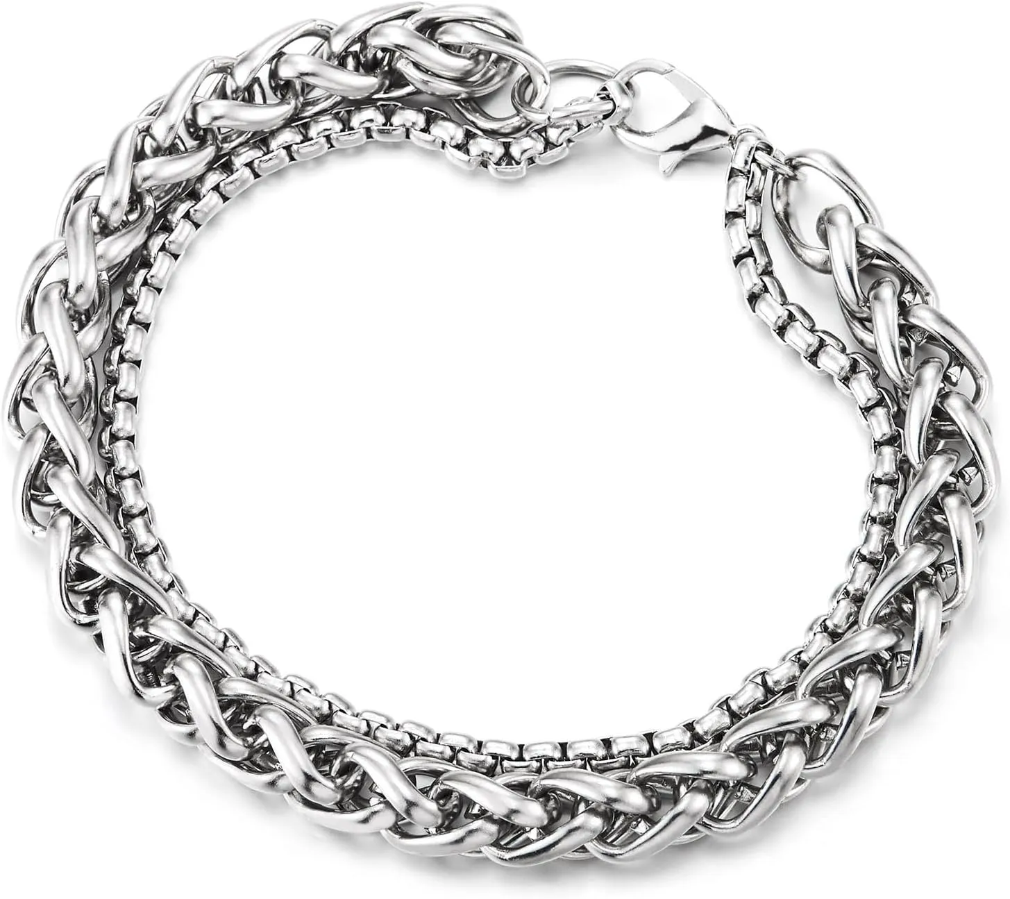 COOLSTEELANDBEYOND Mens Double Chain Bracelet, Wheat Chain Box Chain Layered Design, Two-row, Modern